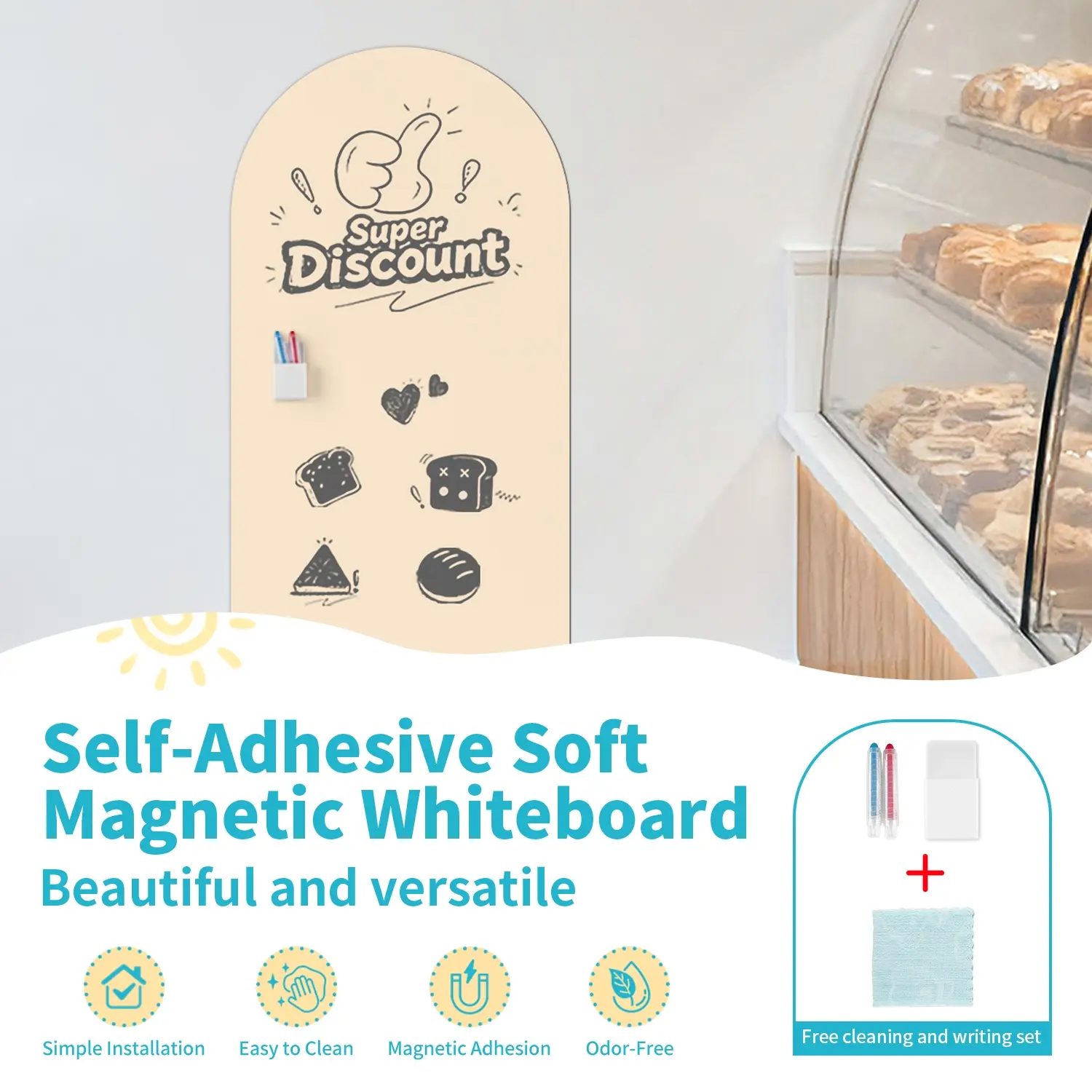 Magnetic Whiteboard Wall Sticker, Self-Adhesive Detachable Arch Design, Easy Cleaning & Reuseable, Includes Storage Box & Crayons