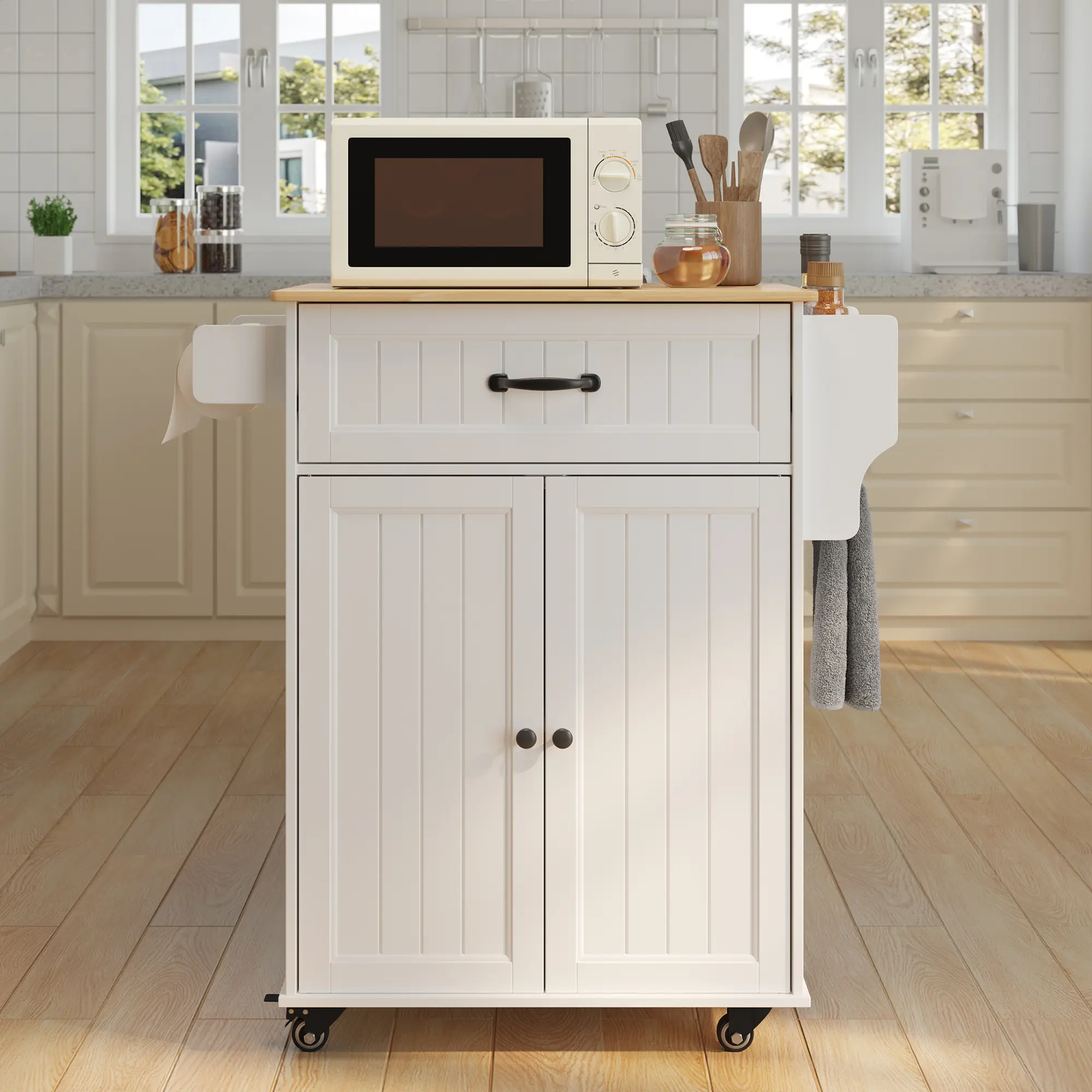 Gizoon Kitchen Island Cart with Adjustable Shelf 33" W Mobile Trolley Cart on Metal Wheels with Drawer & Storage Cabinet Spice Rack & Towel Rack for Dining Room Bar Space-Saving Apartment Furniture