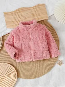 Bear Embossed Plush Coat for Baby Girls, Soft Cute Sweet, Stand Collar Zipper, Fleece Fabric, Warm Cozy Comfortable, Fall Winter Daily Wear, Fuzzy Jacket, Baby Clothes Girl, Baby Clothing