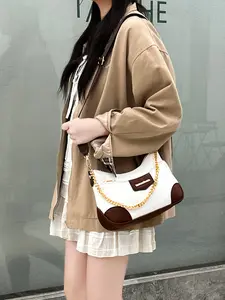 Vintage Patchwork Crossbody Shoulder Bag, PU Leather Chain Purse, Block, Fashionable All-Season Accessory