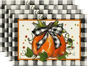 Pumpkin Buffalo Plaid Fall Placemats Set of 4, 12x18 Inch Seasonal Autumn Table Mats for Outdoor Home Party Dining Decoration