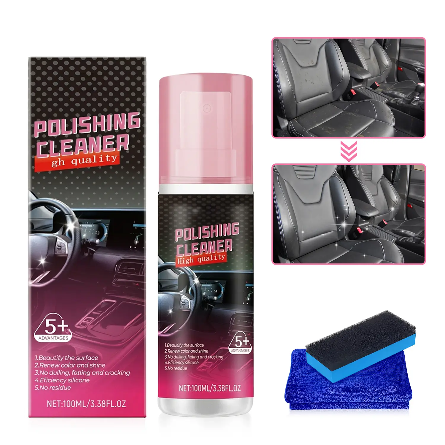 Multifunctional Car Interior Polish for Leather Plastic Rubber 100ML Foam Interior Detailing Cleaner for Dashboard Seats Door Panels Car Interior Detailing Supplies