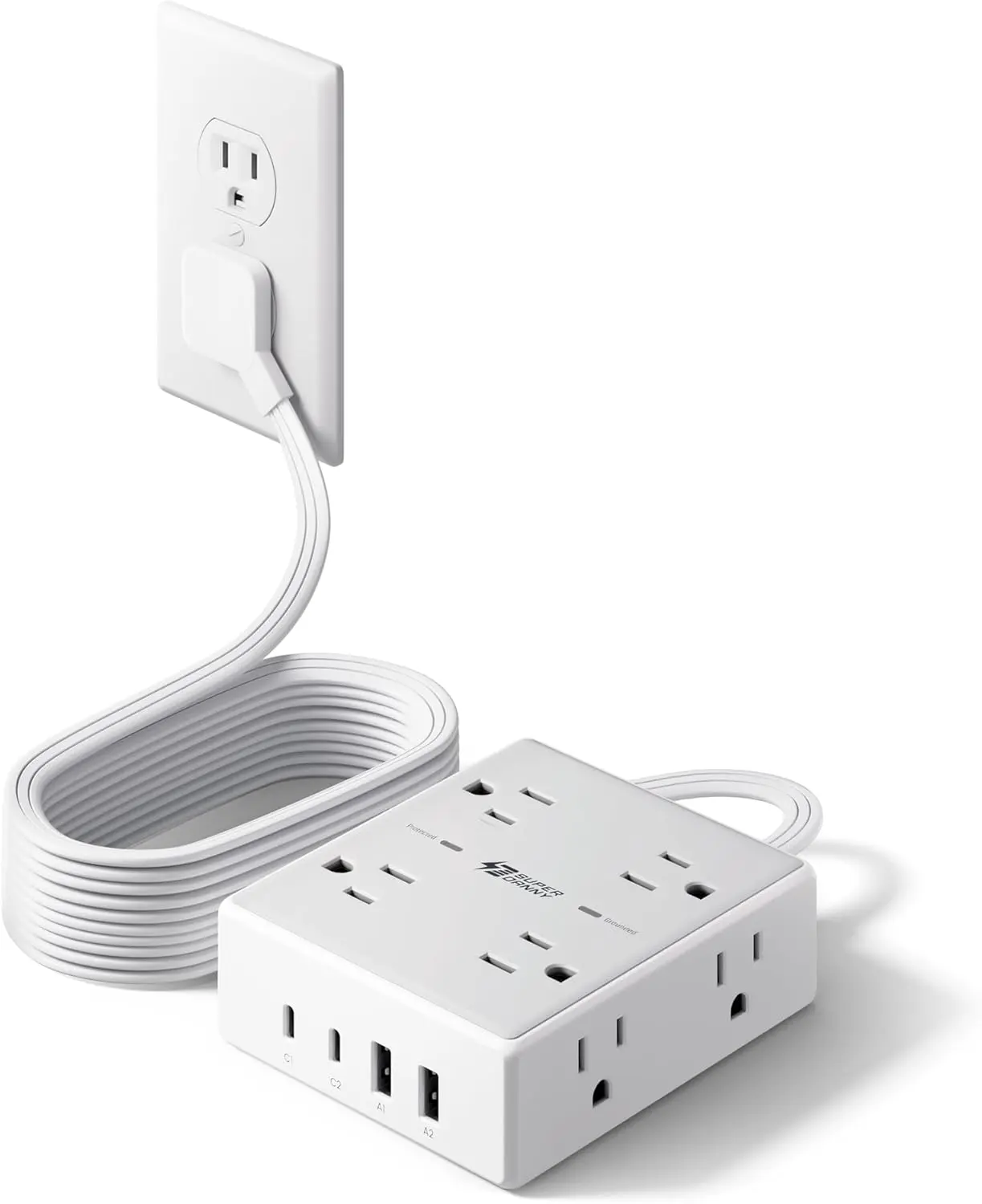 Flat Plug Surge Protector Power Strip - 10Ft Length, 8 AC Ports, 4 USB Ports (2 USB-C), 1050J Surge Protection, Desk Charging Station for Home Office, College Dorm Essentials