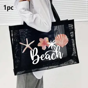 1pc Breathable Beach Mesh Handbag, Unique Print Design, Large Capacity Polyester Bag Set, Multifunctional Shoulder Bag & Makeup Bag, Ideal for Teen Girls and Women