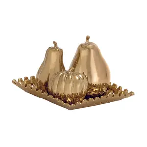 Set of 4 Fruit Ceramic Pear, Pumpkin, and Squash Decorative Sculpture with Decorative Grid Plate