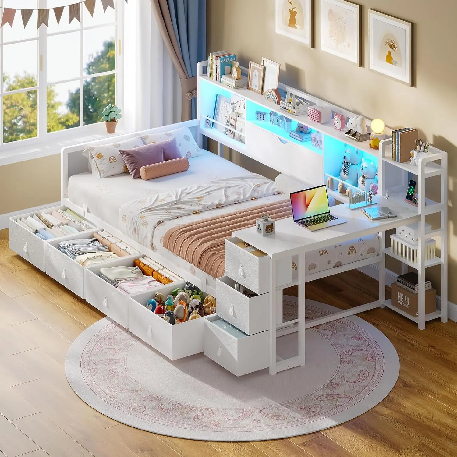 ADORNEVE Twin Corner Bed Frame - Metal Platform Indoor Bed with 7 Drawers, Desk, Bookcase, Charging Station & RGB Lights, No Box Spring Needed, for Kids' Single Bedroom Furniture, Beds