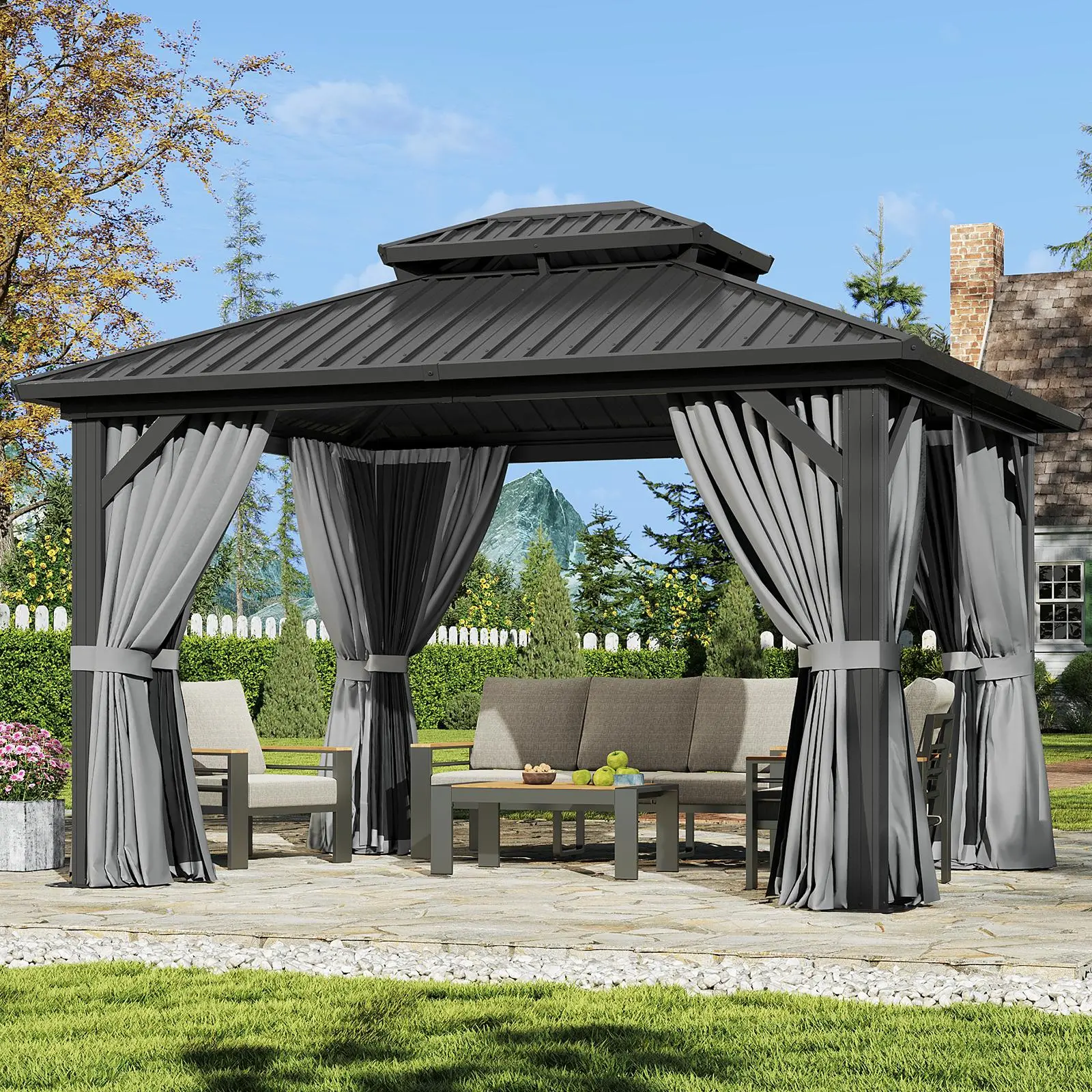 Aoxun 10'x14' Hardtop Gazebo, Galvanized Steel Double Roof Outdoor Gazebo with 4 LED Lights, Netting & Privacy Curtain, Decor Hooks for Backyard Patio, Brown