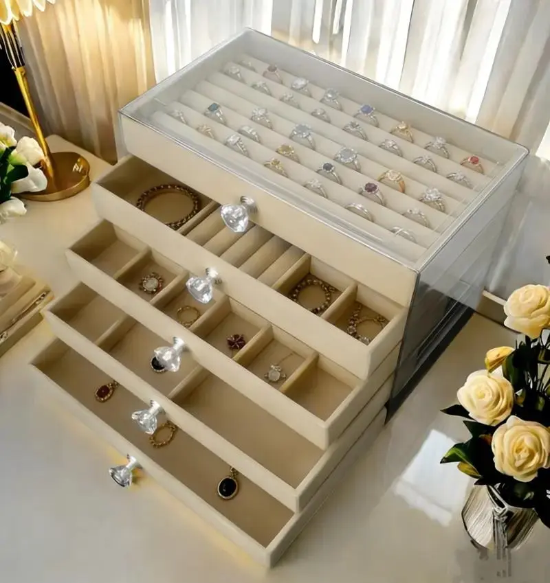 5-layer velvet jewelry box with clear lid, large-capacity jewelry organizer storage case for rings, earrings, necklaces, bracelets, acrylic display jewelry holder drawer organizer for women and girls, vanity dresser countertop storage box