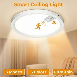 Rechargeable motion sensor ceiling light, 18 cm, with remote; battery-powered magnetic wireless light with three colors; timer, dimmable, motion-activated lamp for closet, shower, hallway, pantry