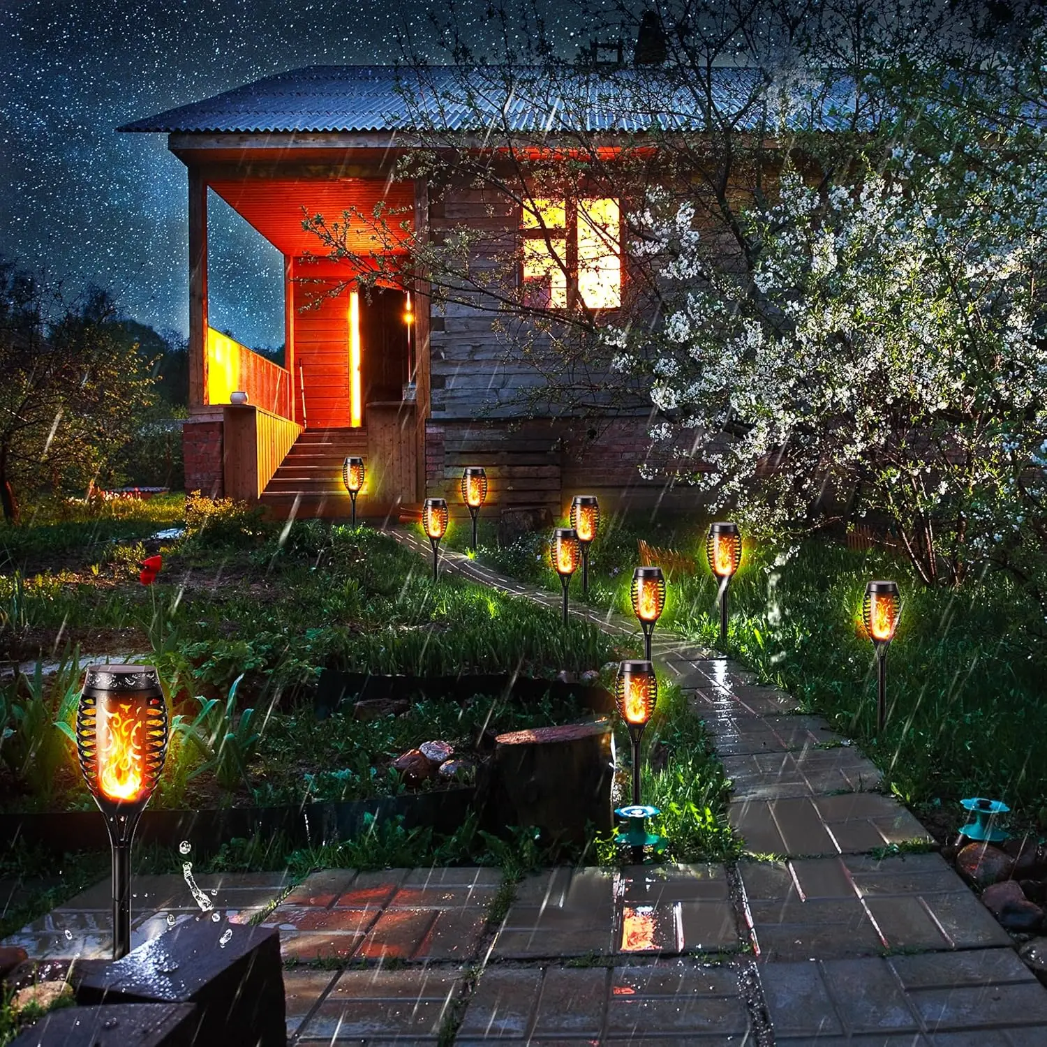 Solar Torch Flame Light-an outdoor solar lamp featuring a realistic flickering flame effect. This waterproof porch light is ideal for summer garden parties, lawns, courtyards, and various outdoor decorative settings., Pathway Lights, Yard Lighting