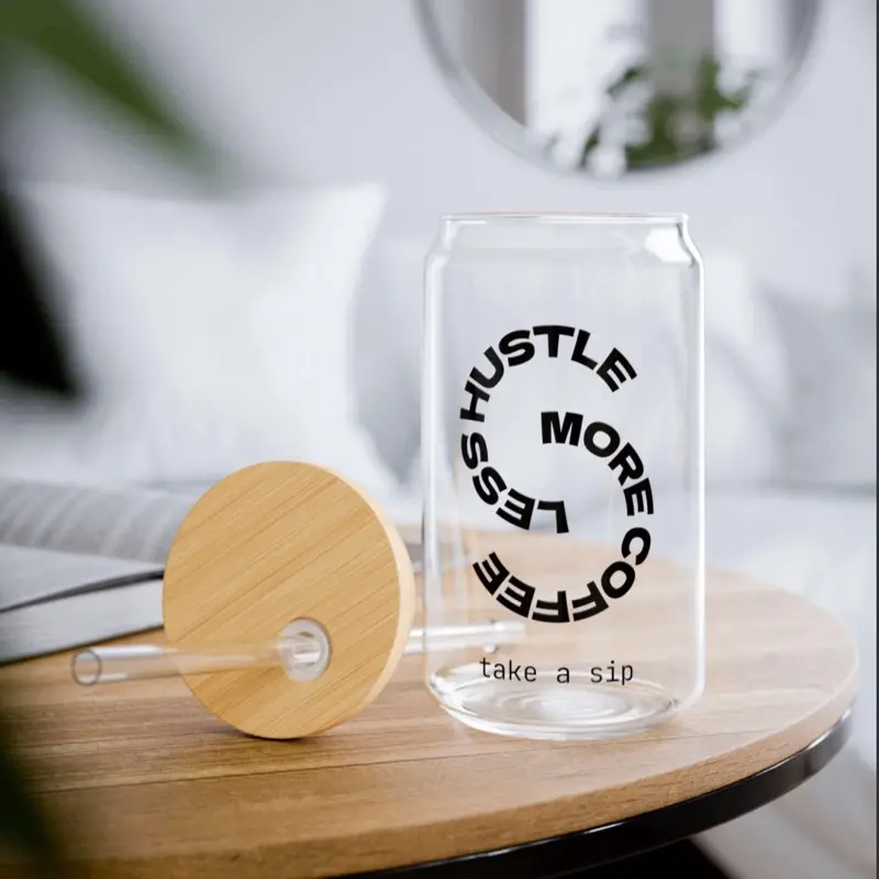 Hustle Coffee Sipper Glass 16oz Motivational Drinkware for Coffee Lovers Stylish Hydration Perfect Gift for Friends Home Less Hustle More Coffee take a sip Mug Cup Tumblers Lid Straw Bottle