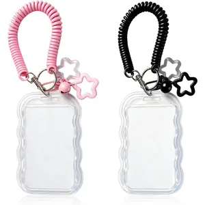 2-Pack Cute Photo Card Holder Keychain, Kpop Photo Card Case, Transparent PC Material with Star Wave Design, Bus Pass, Student ID, Creative Photo Protection