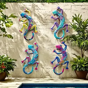 Metal Gecko Wall Decor Set, 4 Pieces 11.8 Inch Lizard Decoration for Outdoor Indoor Garden Backyard Fence Patio, Garden Sculptures Statues, Gift for Family and Friends, Exterior Decorative Statues