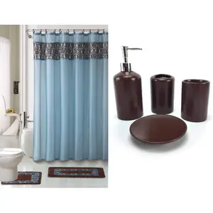 19 Piece Flocking Print Bath Accessory Set - Bathroom Contour Rug Mat, Shower Curtain, Ceramic Bathroom Accessories (Majestic Blue)