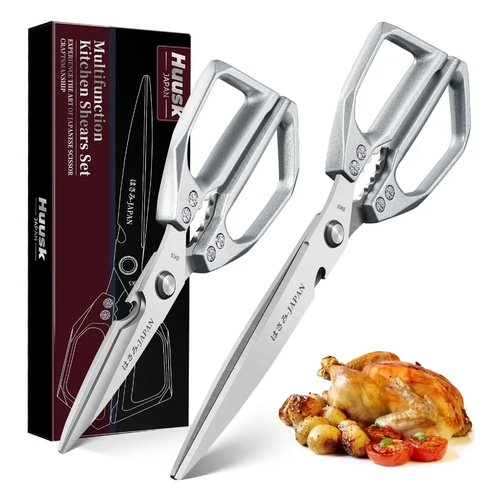 HUUSK Kitchen Scissors Set Silver - Upgraded Stainless Steel Kitchen Shear, Sharp Meat Scissors Dishwasher Safe, Heavy Duty Poultry Shears, Cooking Scissor for Food, Christmas Gifts for Women