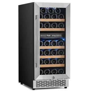 Wine Fridge 15 Inch Wine Cooler Refrigerator,27 Bottles Dual Zone Freestanding or Bulit-in Wine Cooler Fridge with Stainless Steel Double-Layer Tempered Glass Door,3.1cu.ft
