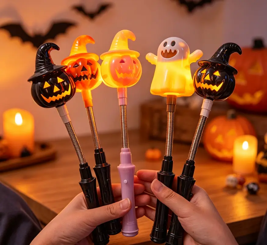 Halloween Pumpkin Light Handheld Wand Accessory - Kids' Light-Up Glow Stick Toy with Flexible Spring Handle, Portable Flashing Party Decor Prop, Holiday Gift for Bar Celebrations