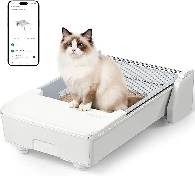 SummerVibes Pet Supplies X-Large Open Top Automatic Litter Box SC03 - Dual Rake, Anti-Pinch, Odor Control, Easy Clean, App Control, Clumping Litter Compatible (White), Work, Convenient