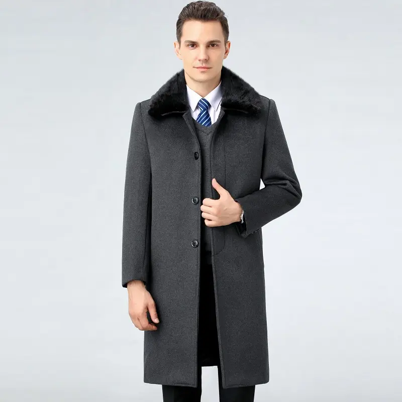 Qianlai Winter Men's Over-the-Knee Cashmere Long Coat Fitted Business Casual Jacket Warm Thickened Dad's Outfit with Removable Inner Liner