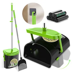 Pooper Scooper Swivel Bin & Rake with 100 Waste Bags, Dog Pooper Scooper Bags Attachment for Large Medium Small Dogs, Long Handle Metal Dog Poop Scooper with Lid Hook for Yard Dog Kennel Green
