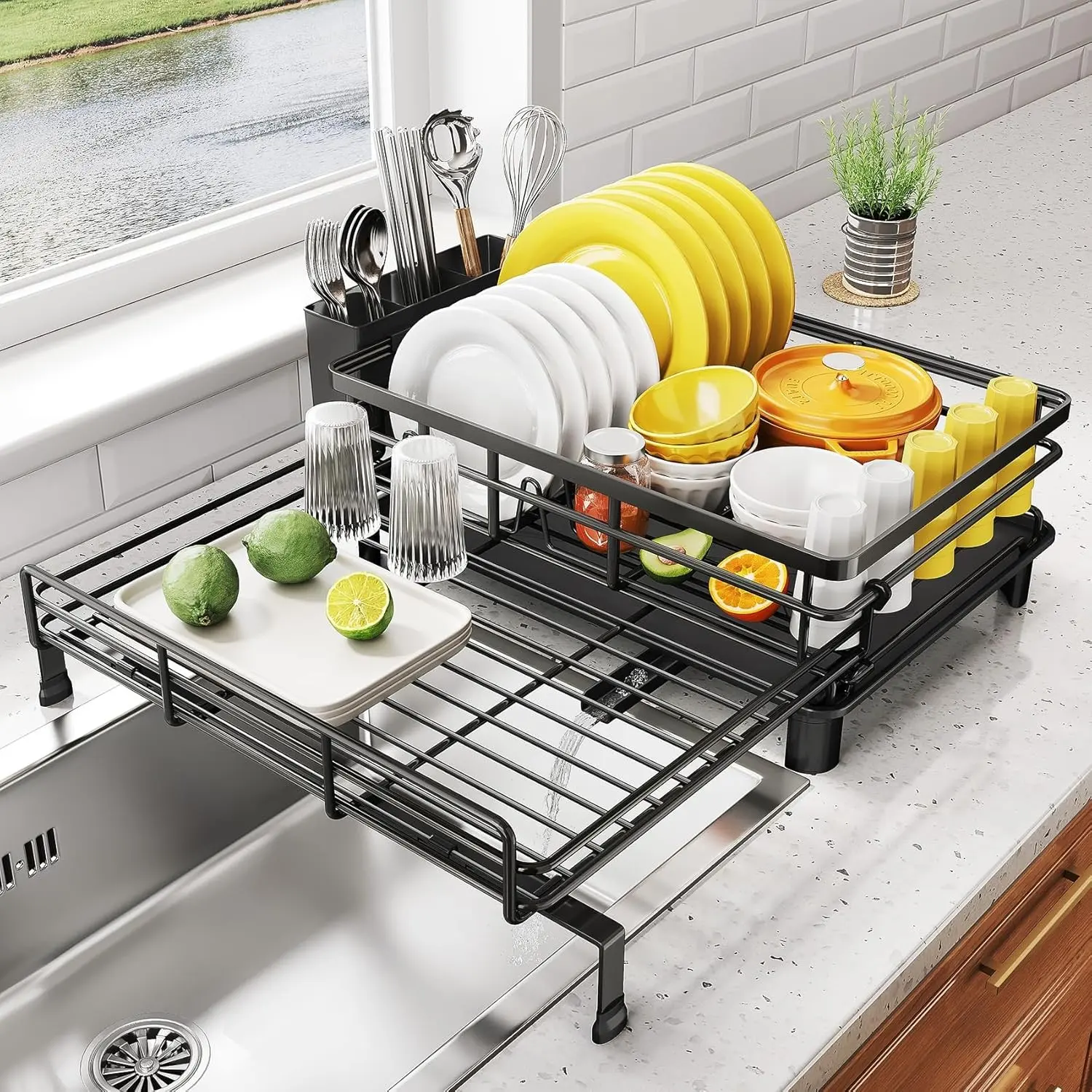Adjustable Drain Rack for Kitchen Countertop, Large Sink Drainer with Utensil Holder, Stainless Steel Dish Basket, Durable and Space-Saving, Adjustable Metal Racks