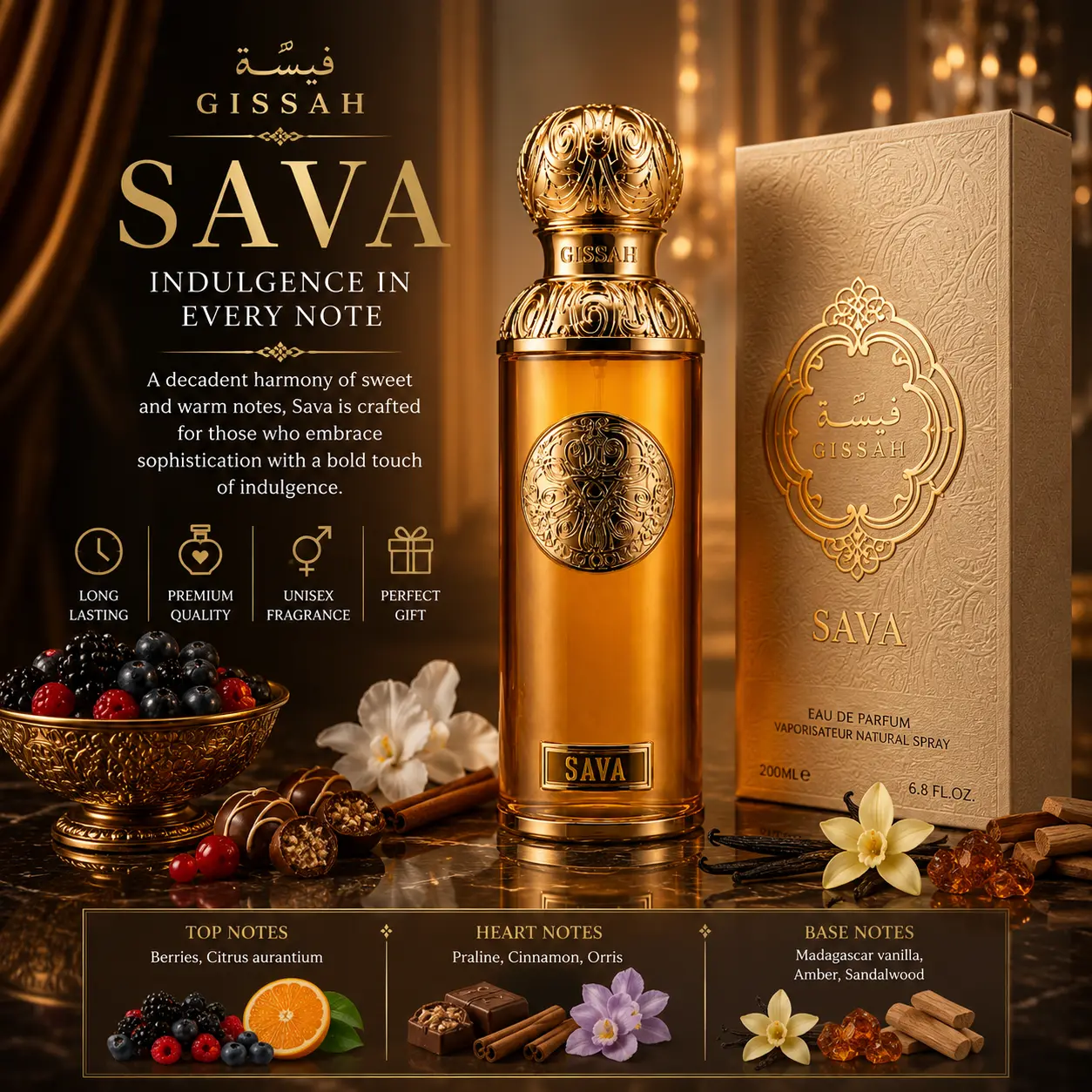 Gissah Sava Eau de Parfum, Spicy Vanilla Amber Fragrance Spray for Adults, Long Lasting Signature Scent with Citrus and Praline Notes for Daily Wear