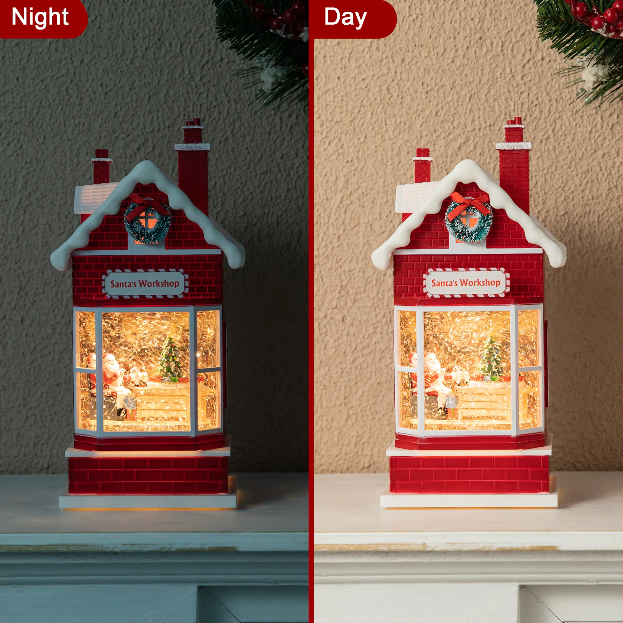 Glitzhome 10.5"H House-Shape Santa’s Workshop Waterglobe Lantern - Charming Holiday Decoration with Glowing LED Lights, Scene Decor, Timer, 3 AA Batteries Not Included, Christmas Tree Accessory