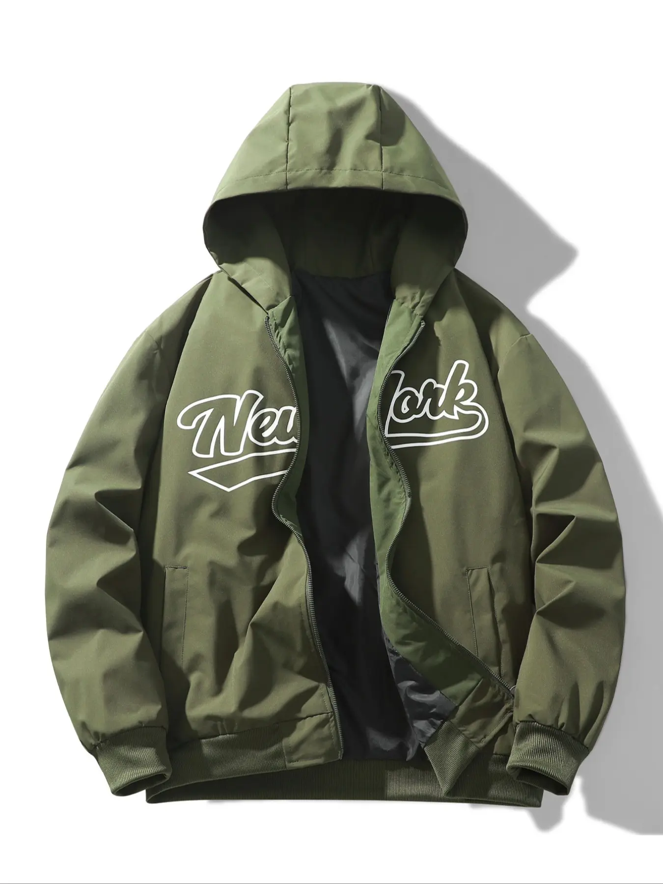 Men's Hooded Embroidered Fitted Jacket, New York Lettering for American Street Style, Simple Retro Classic Sports Look, Casual Fashion Outerwear