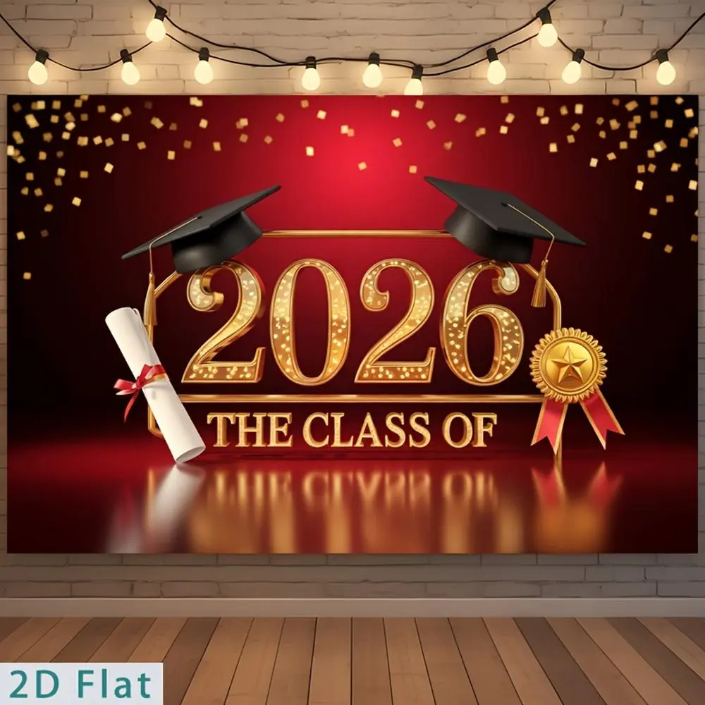 1PC,2D Flat Backdrop 2026 Graduation Decor Backdrop, Class of 2026 Grad Party Decoration Banner, Grad Cap & Diploma Themed Photo Backdrop, Graduation Ceremony & Party Atmosphere Decor Curtain