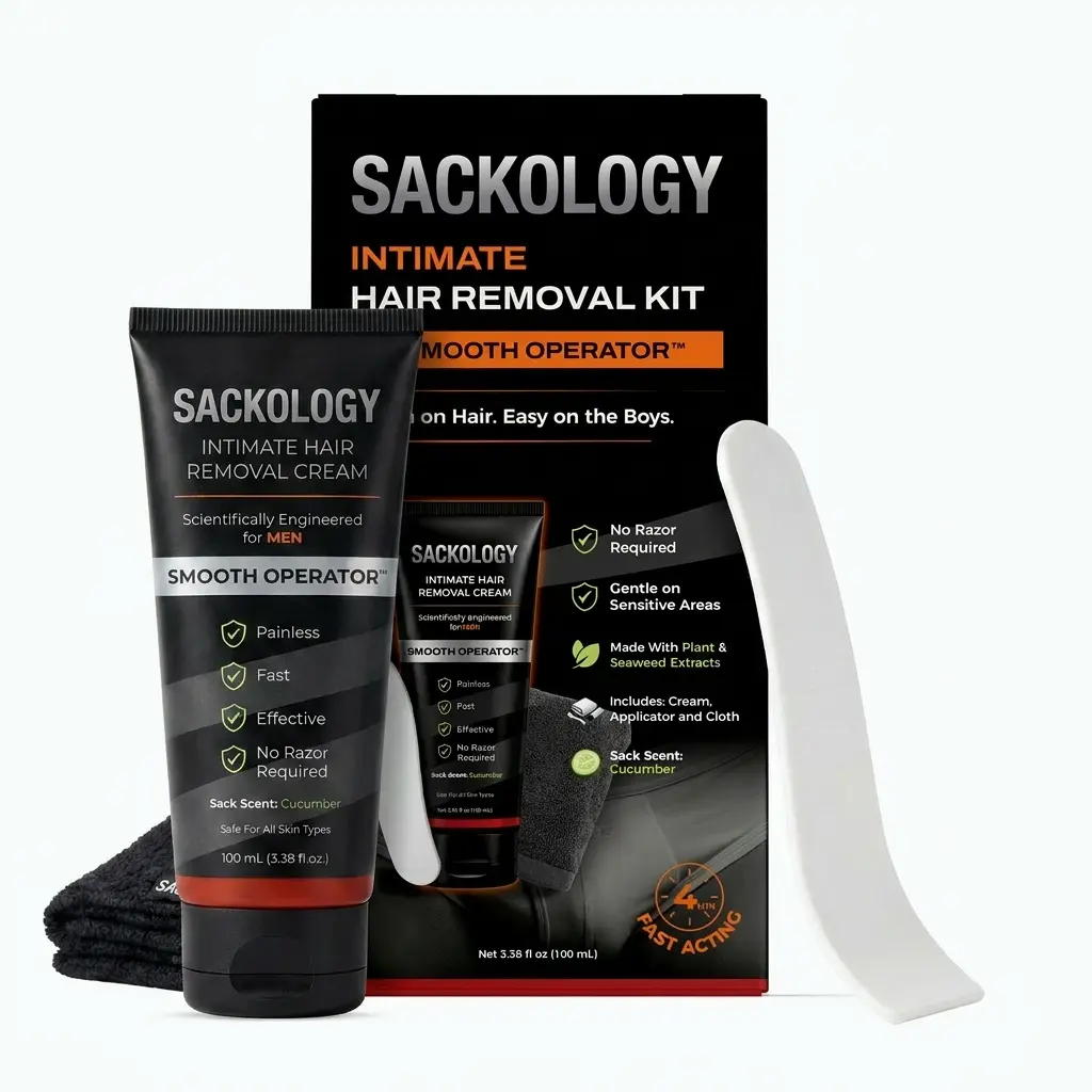Sackology Smooth Operator Men's Intimate Hair Removal Cream Kit – No Razor Hair Removal Cream with Applicator & Cloth – 100ml