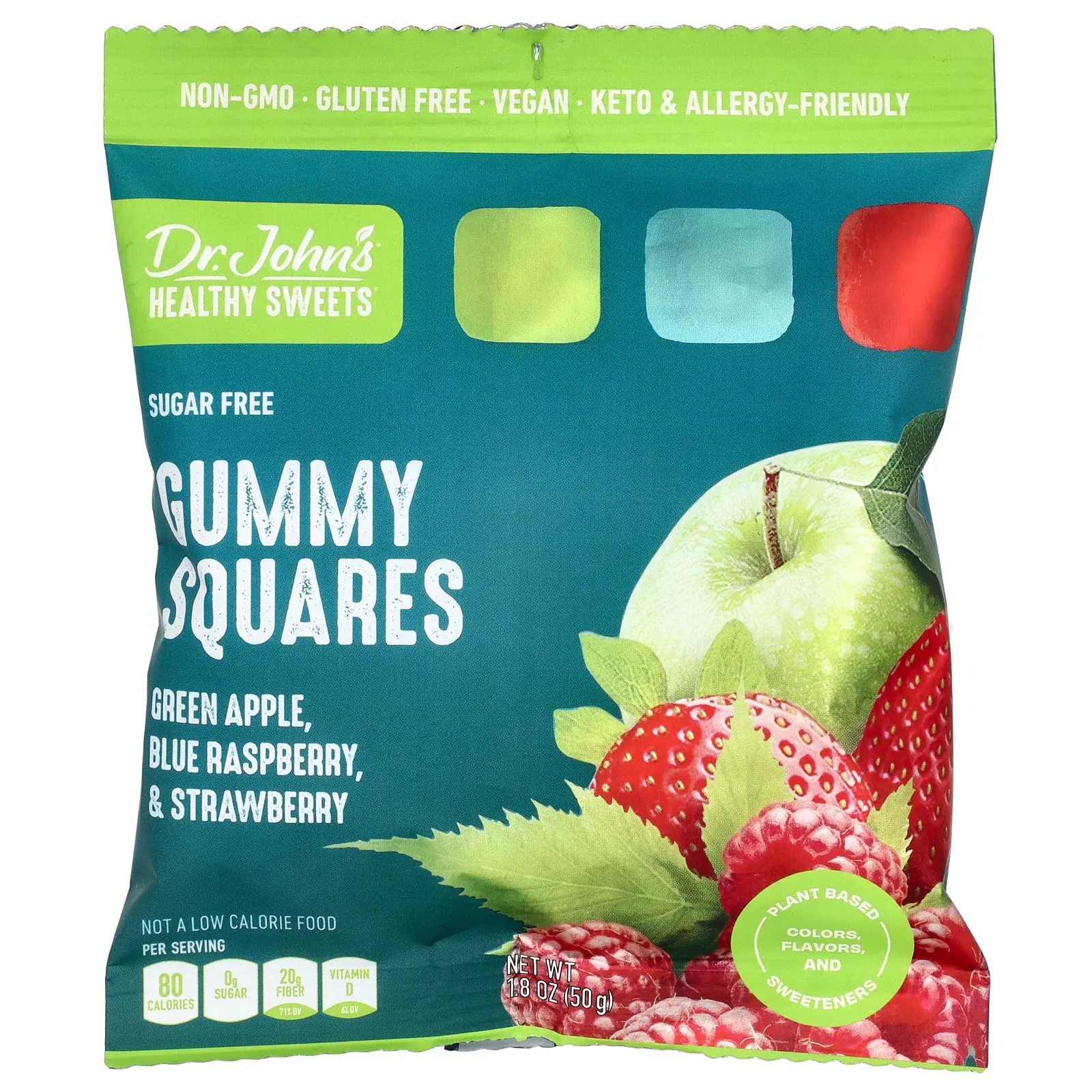 Dr. John's Healthy Sweets Gummy Squares, Sugar Free, Green Apple, Blue Raspberry, & Strawberry, 1.8 oz (50 g)