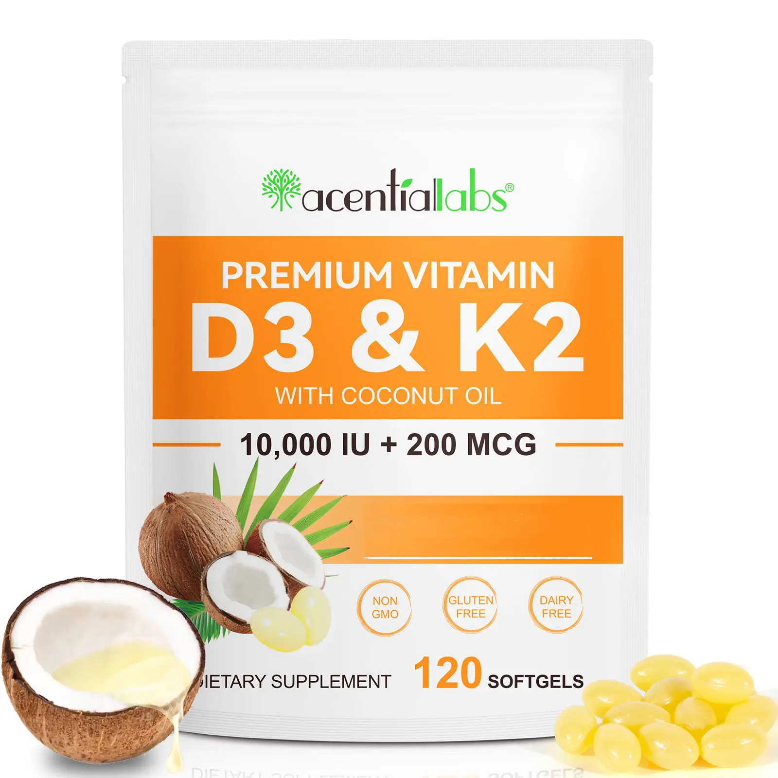 Acentiallabs Vitamin D3 5,000 IU + K2 MK-7 100 mcg Dietary Supplement, 300 Easy-to-Swallow Softgels - 2-in-1 Bone Support, Sugar Free, Non-GMO, Dairy Free for Health & Fitness
