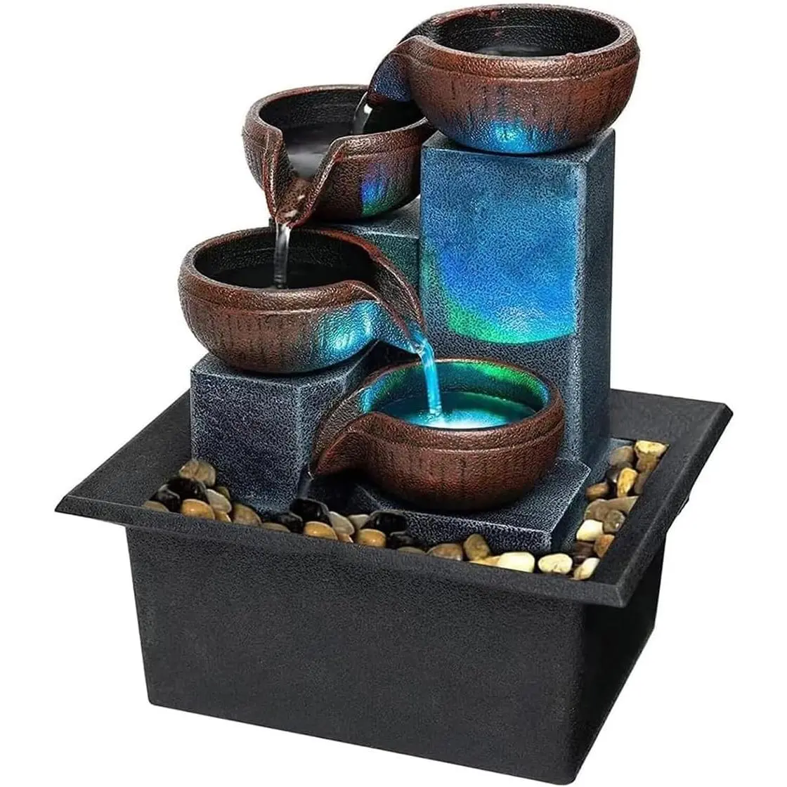 Small Tabletop Waterfall Fountain Zen Meditation Fountain Indoor Desktop Water Fountain with LED Light and Natural River Rocks for Office Home Bedroom
