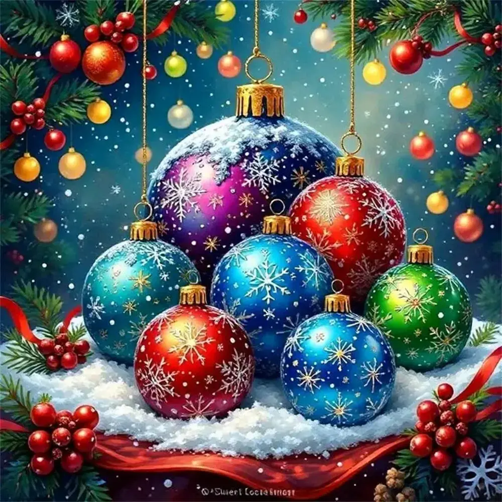 Colorful Christmas Snowflake Baubles Ornaments 5D Full Drill Diamond Painting Kit Handcraft Winter Holiday Pine Berry Snow Art DIY Cross Stitch Mosaic Craft Festive Home Wall Decor Handmade Gift DIY Kits for Christmas Lovers