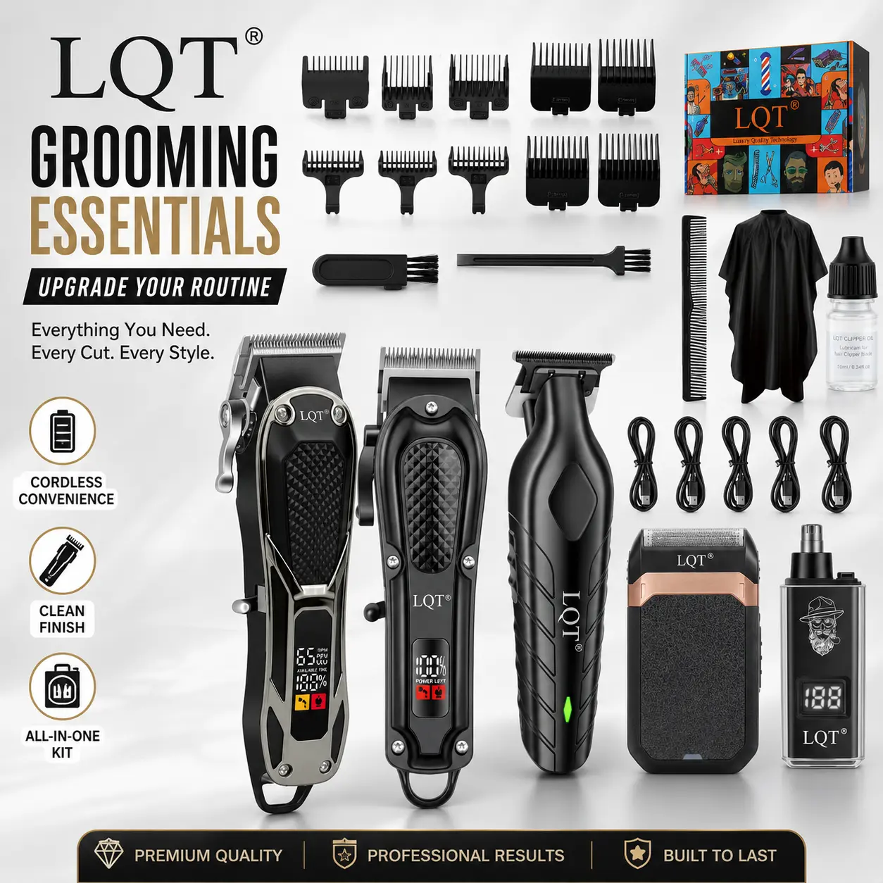 Men's 5-Piece Professional Barber Clippers Kit - USB Rechargeable Grooming Set for Birthday, Father’s Day, All Hair Types, with LCD Display, Adjustable Blade Clippers, Precision Trimmer, Complete Accessories, Haircut Machine, Face