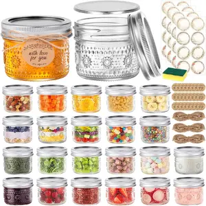 4 oz Mason Jars with Embossed Pattern 24 Pack | Small Canning Jars with Airtight Lids | Mini Glass jars for Jams, Jelly, Honey, Spices, DIY Candles, Wedding Favors and Gift Packaging