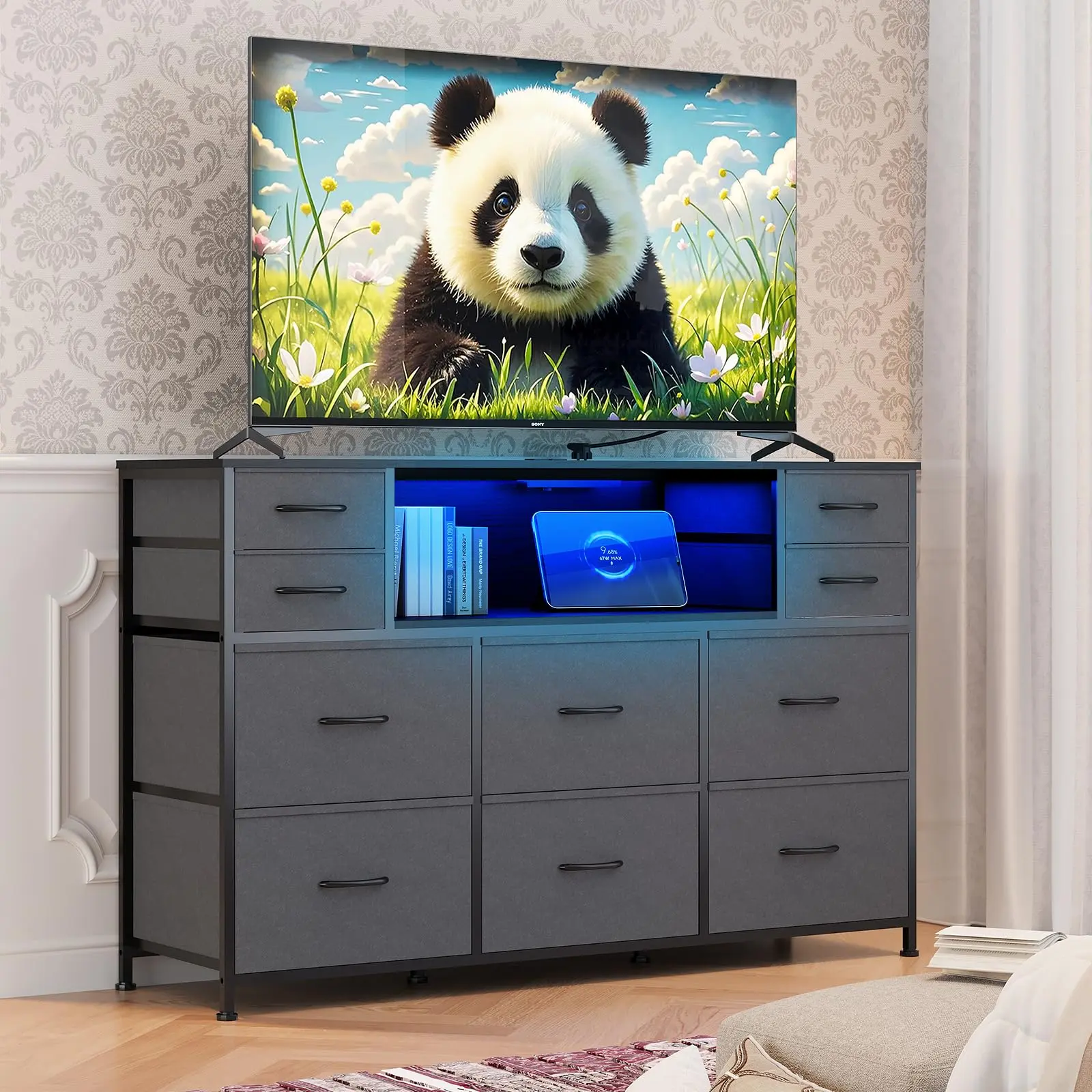 Garvee 10-Drawer Dresser and Entertainment Center with LED Lights, Charging Station, Metal Frame, Wood Top, Open Shelves, and 3-Tier Design for 40-55 Inch Screens; Perfect for Bedroom, Living Room, Hallway