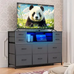 YJ-Garvee 10 Drawer Dresser with LED Lights and Charging Station, Wooden Top, Open Shelves, Sturdy Storage Cabinet for Bedroom, Living Room, Hallway, Fits 40-55 Inch Screens, Available in Dark Gray, Rustic Brown, White