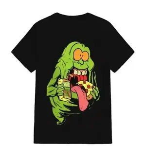 Slimer Ghostbusters Foodie American Retro Black Short-Sleeved Unisex T-Shirt, Cartoon Ghost Graphic with Pizza & Juice, Casual Streetwear for Movie & Comedy Enthusiasts, Unique Quirky Pop Culture Fashion Statement Piece Funny Thanksgiving Crew Neck