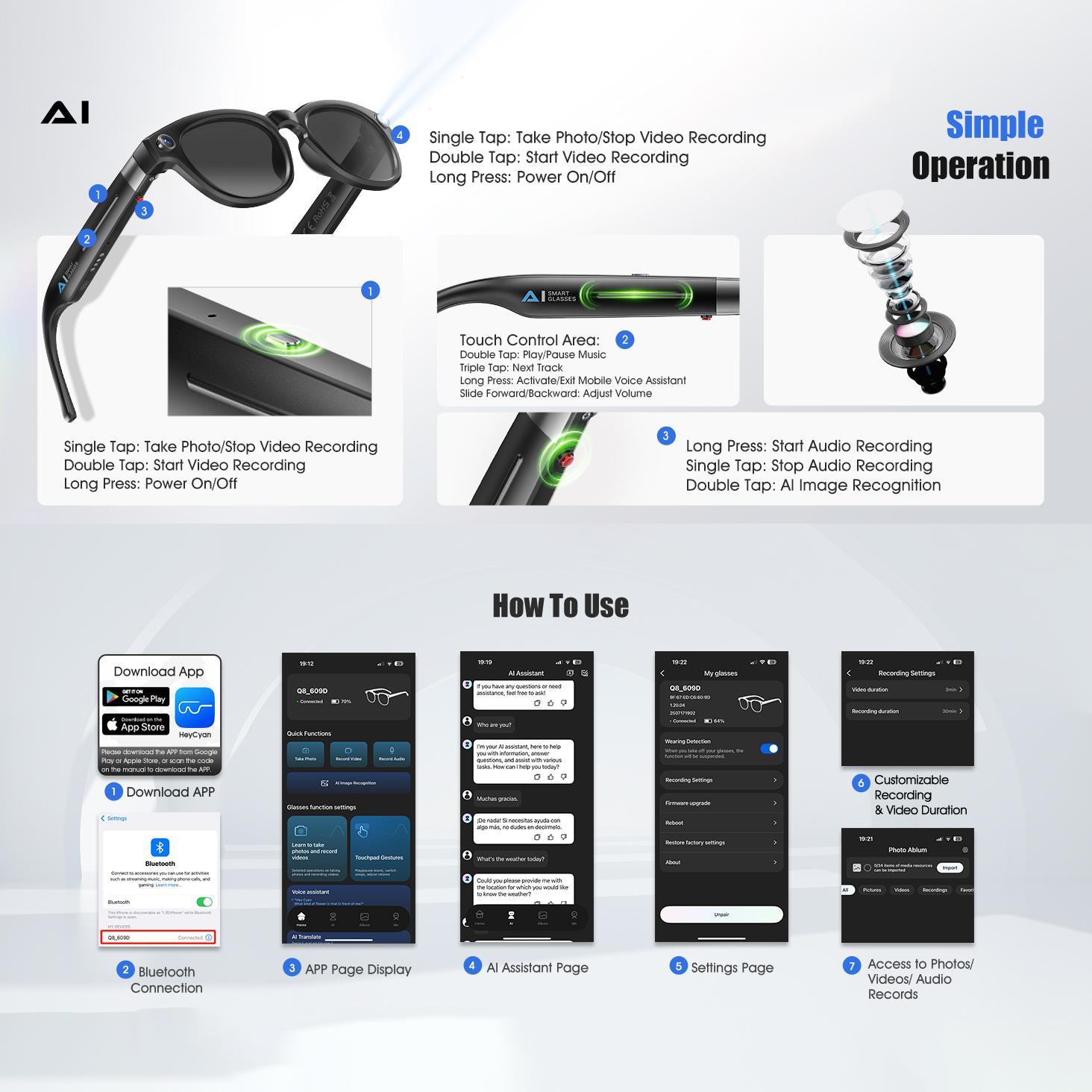 AI Smart Glasses with  8MP HD Camera,4k Photos, 1080P Video Recording , Real Time Translation, Voice Assistant,  for Travel, Meetings & Vlogging, Bluetooth Eyewear with Voice Assistant and Photochromic Lenses ,touch adjustment, next gen gadgets