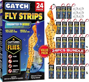 Fly Strips Sticky Ribbons, Fly Trap Indoor Catcher for Flies Gnats, Sticky Hanging Trap, Flying Insect Trap for Indoors and Outdoors - 24pk