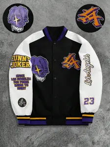 Men's Youthful Streetwear Skull Multi-Element Printed Baseball Jacket, Fall Winter Graphic Long Sleeve Rave Color Block Design for Rapper Style Athlete Jackets