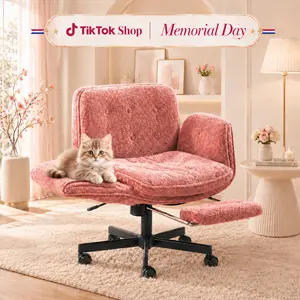 Upgraded Wide Seat Criss Cross Chair with Wheels Footrest – Chenille Cross Legged Office Pet Chair, 5-Level Folding Armrests, Adjustable Swivel Vanity Chair for Home & Bedroom Work from Home Chair
