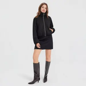 Women's Textured Jacquard Funnel-Neck Bomber Jacket - A New Day Black Basket Weave L