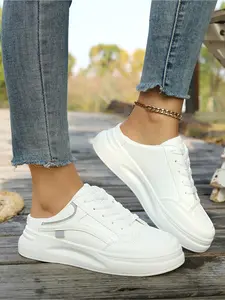 Minimalist White Platform Slip-On Mule 2026 Summer New Style, Lace-Up Design, Soft Sole Anti-Slip Height-Extending Slimming Effect, Lazy Outing Essential, Versatile Sporty Casual Half-Slide, Walking Shoes Footwear