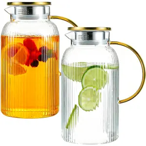 2 PACK Glass Pitcher with Lid, 68oz/2Liter Borosilicate Glass Water Pitcher, Heat Resistant Vertical Striped Water Carafe for Iced Tea, Fruit Tea, and Hot Beverages, Dishwasher Safe