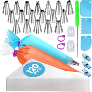 150 count Piping Bags and Tips Set, Cakes Decorating Kit Supplies with 120 count 12 Inch Piping Bags, 1  Pastry Bags, 18 Tips, 2 Couplers, 2 Bags Ties, 3 Clips, 1 Scriber , 3 Cake Scraper