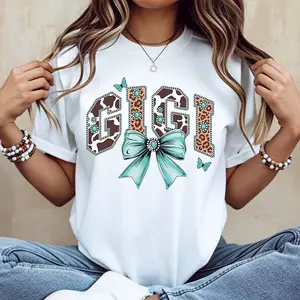 Women Casual T Shirt Gigi Leopard Print With Turquoise Bow And Butterflies Design For Leisure And Sports Activities