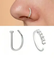 2pcs Punk Style Nose Rings, Women's /silver Color Zirconia Embedded Fake Nose Rings, No Piercing Design, Fashion Hip-Hop Accessories