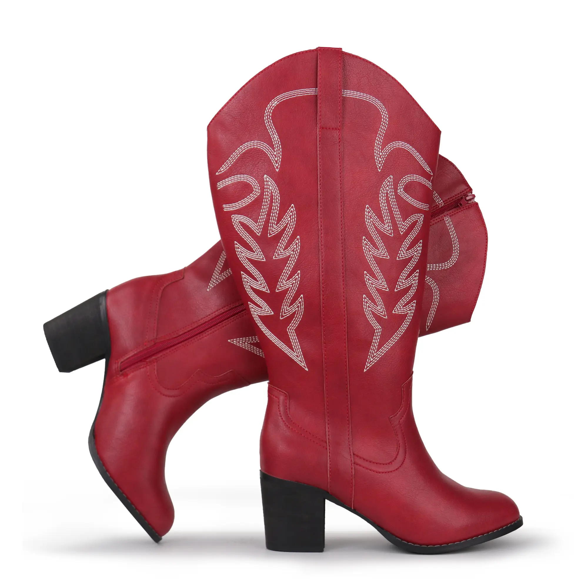 Women's Extra Wide Calf Cowgirl Boots Wood Embroidered Western Cowboy Knee High Boots Footwear Decor Red Leather
